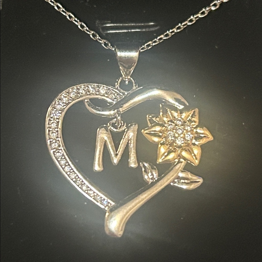 Silver Heart Pendant Necklace Gold Flower Accent and M initial - Picture 2 of 4